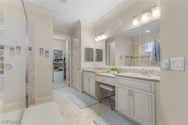 bathroom featuring vanity, crown molding, tile patterned floors, and an enclosed shower