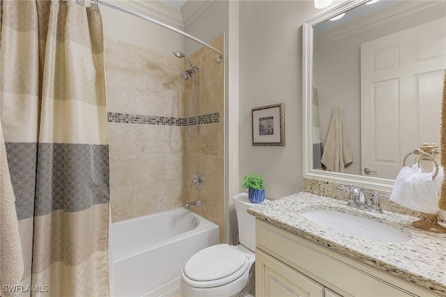 full bathroom featuring toilet, ornamental molding, shower / bath combo, and vanity