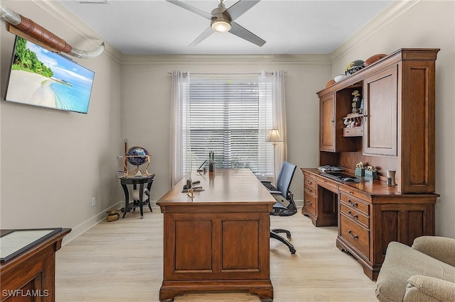 office space with ceiling fan, ornamental molding, and light hardwood / wood-style flooring