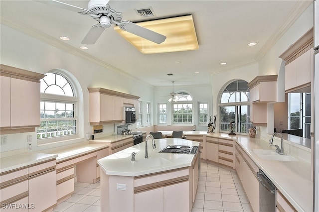 kitchen with light tile patterned floors, range with electric stovetop, a center island with sink, dishwasher, and sink