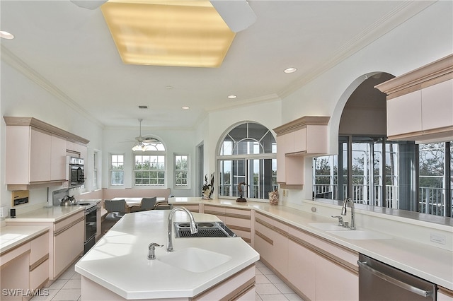 kitchen with light tile patterned floors, range with electric stovetop, a kitchen island with sink, dishwasher, and sink