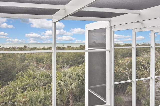 interior details featuring a water view