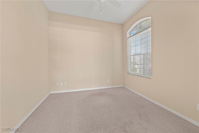 spare room with ceiling fan and carpet