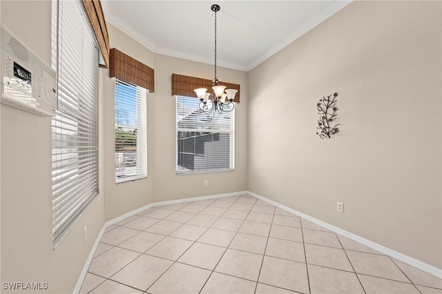 unfurnished dining area featuring a chandelier, ornamental molding, and light tile patterned floors