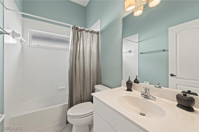 full bathroom featuring toilet, shower / tub combo, and vanity