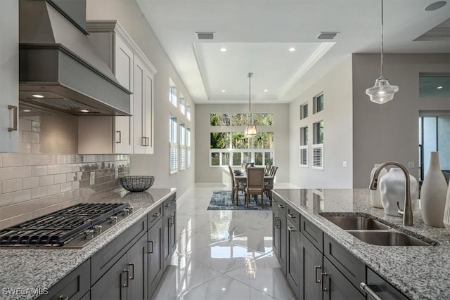 kitchen with custom exhaust hood, stainless steel appliances, tasteful backsplash, a tray ceiling, and sink