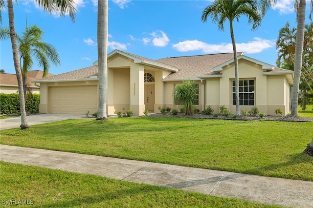 ranch-style home featuring a front yard and a garage