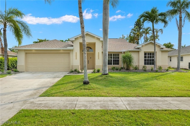 single story home featuring a front lawn and a garage