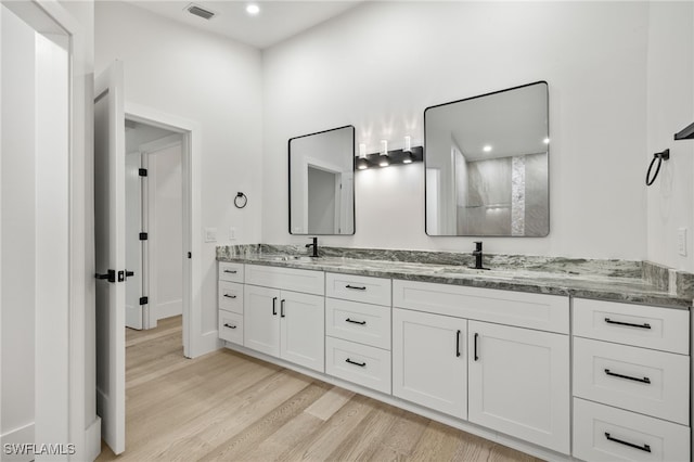 bathroom with wood-type flooring and vanity