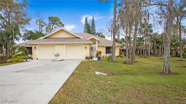 single story home with a garage and a front lawn