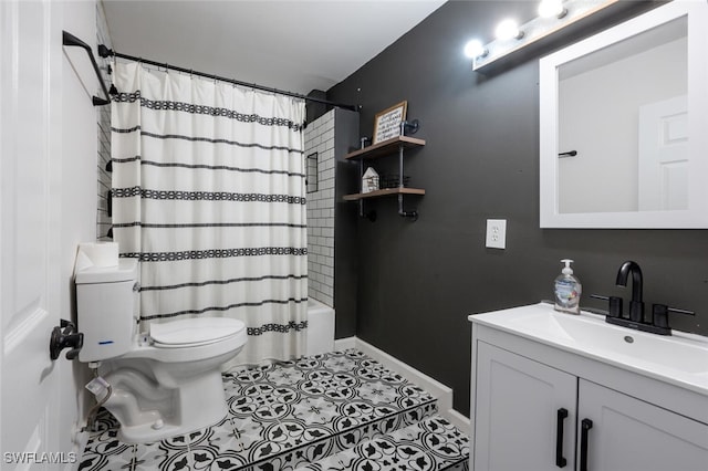 full bathroom featuring toilet, tile patterned flooring, shower / tub combo, and vanity