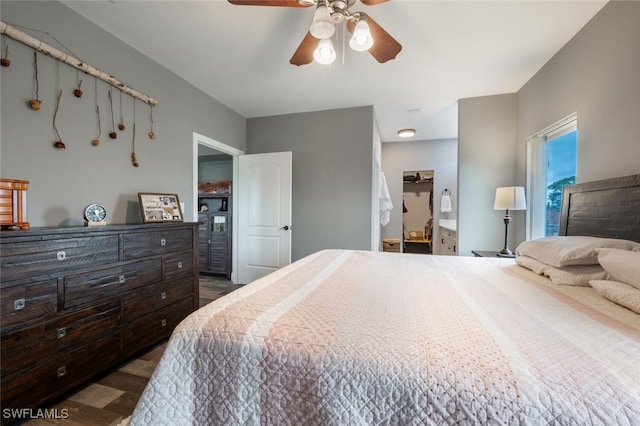 bedroom featuring ceiling fan and dark hardwood / wood-style floors