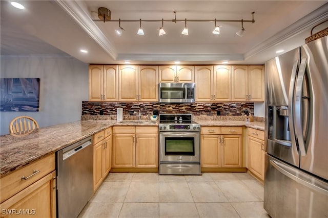 kitchen with a raised ceiling, kitchen peninsula, appliances with stainless steel finishes, and light brown cabinets