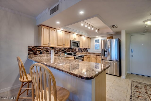 kitchen featuring a kitchen breakfast bar, kitchen peninsula, stainless steel appliances, and stone countertops