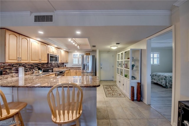 kitchen featuring a breakfast bar area, stainless steel appliances, kitchen peninsula, and light stone counters