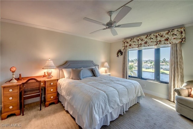 bedroom with light carpet, ceiling fan, and ornamental molding