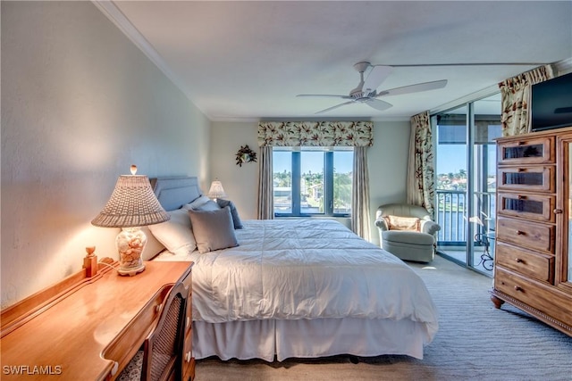 bedroom with ceiling fan, access to outside, crown molding, and carpet flooring