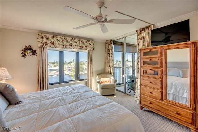 bedroom with ceiling fan, ornamental molding, and a closet