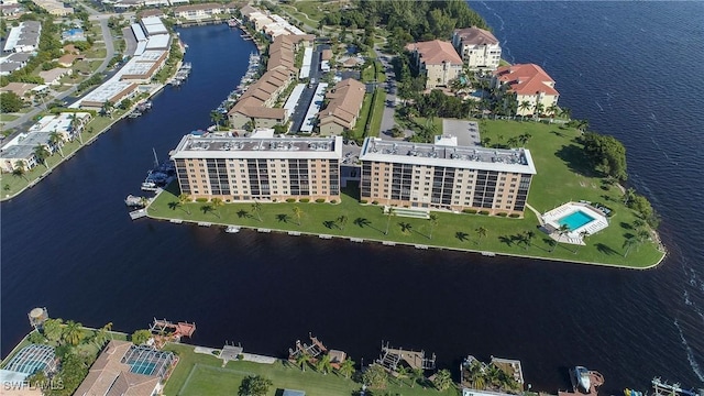 birds eye view of property featuring a water view