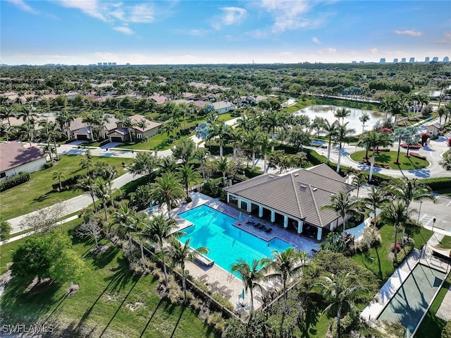 aerial view featuring a water view