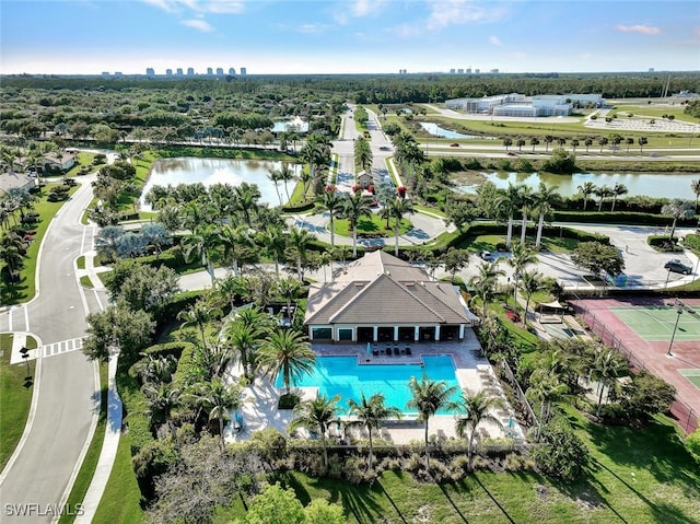 drone / aerial view with a water view