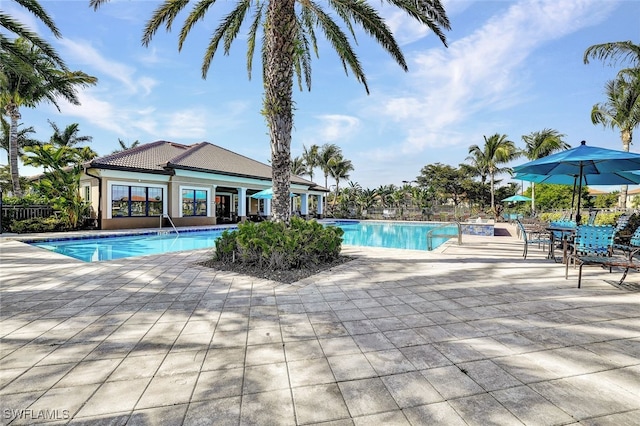 view of swimming pool with a patio area