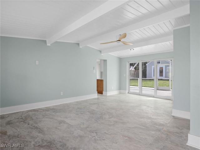 unfurnished room with lofted ceiling with beams, ceiling fan, and baseboards