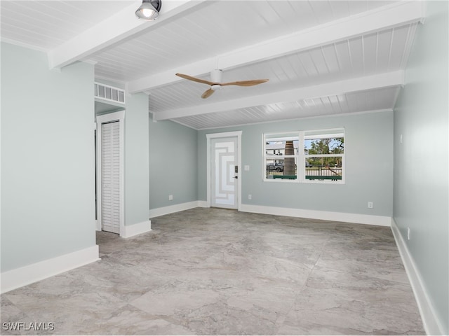 empty room featuring ceiling fan, lofted ceiling with beams, visible vents, and baseboards