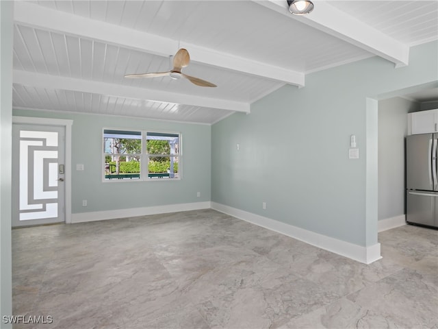 empty room featuring lofted ceiling with beams, wood ceiling, a ceiling fan, and baseboards