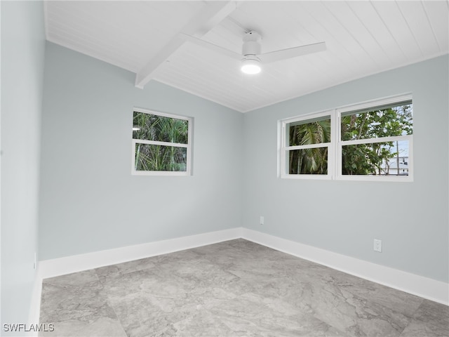 spare room with ceiling fan, wooden ceiling, and lofted ceiling with beams