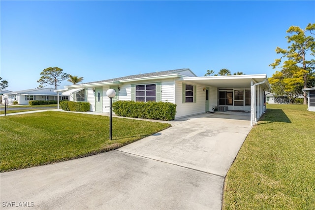 ranch-style home with a front yard and a carport