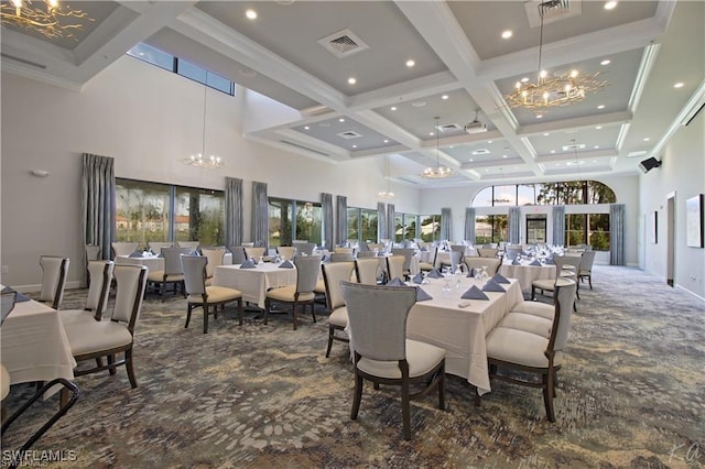 carpeted dining space featuring ornamental molding, beam ceiling, a towering ceiling, and coffered ceiling