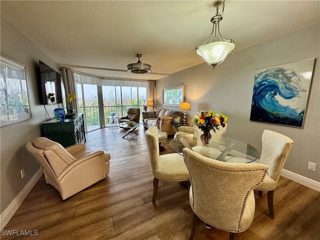 dining room featuring ceiling fan and dark hardwood / wood-style floors