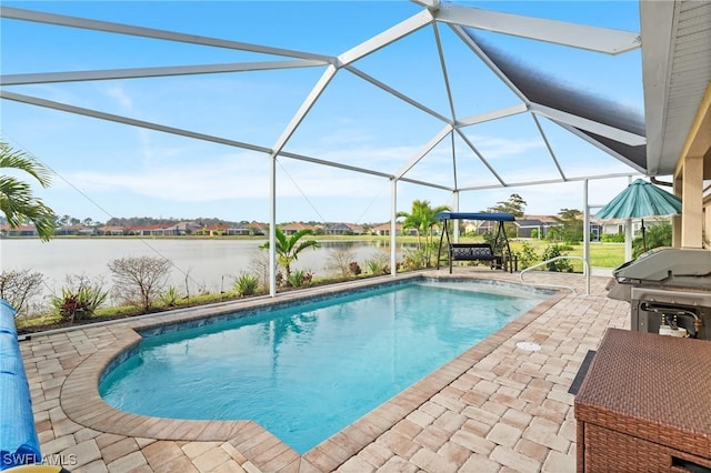 view of pool featuring a patio area, a lanai, grilling area, and a water view