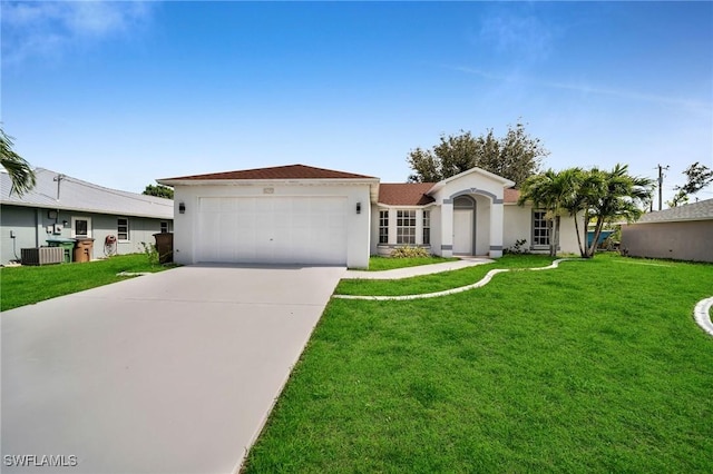 single story home with a front yard, a garage, and cooling unit