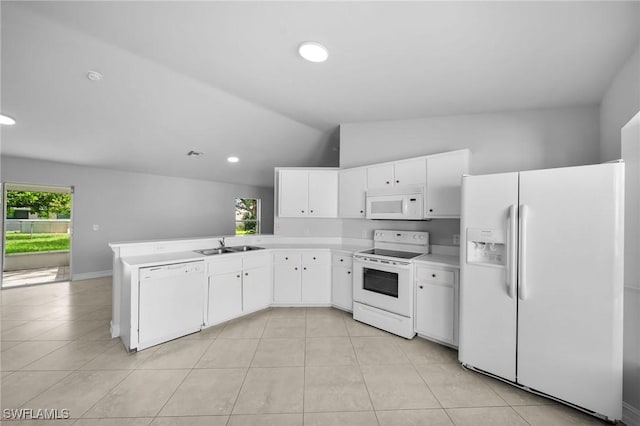 kitchen with white appliances, kitchen peninsula, vaulted ceiling, white cabinetry, and sink