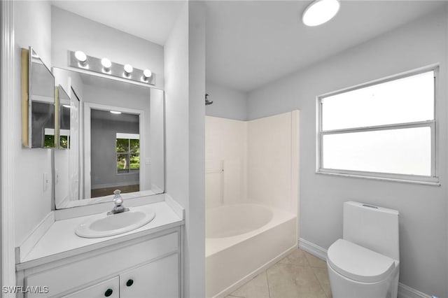 full bathroom featuring vanity, bathtub / shower combination, tile patterned floors, and toilet