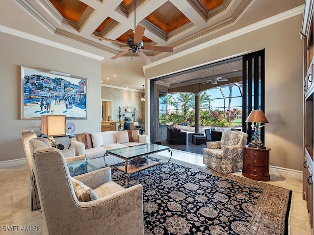 living room with beam ceiling, ceiling fan, coffered ceiling, and ornamental molding