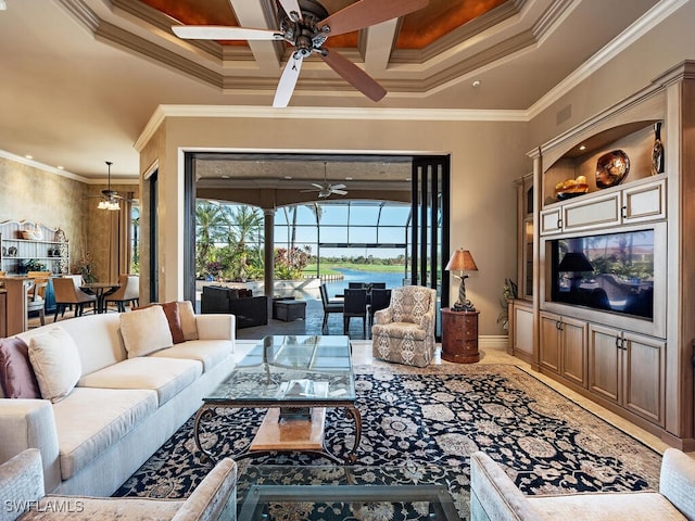 living room with beam ceiling, crown molding, and coffered ceiling