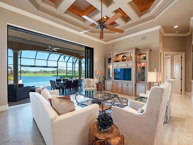 living room with coffered ceiling, beam ceiling, a towering ceiling, ornamental molding, and a water view