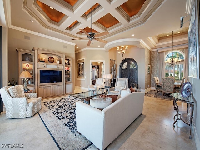 living room with coffered ceiling, beam ceiling, a high ceiling, crown molding, and ceiling fan with notable chandelier