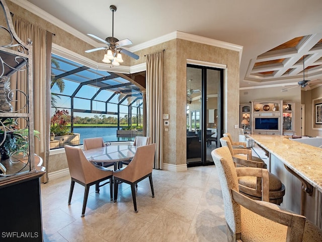 dining area featuring beam ceiling, ceiling fan, coffered ceiling, and ornamental molding