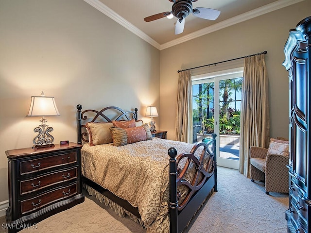 carpeted bedroom featuring access to outside, ceiling fan, and crown molding