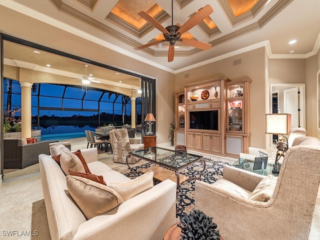 living room featuring a towering ceiling, beamed ceiling, crown molding, and coffered ceiling