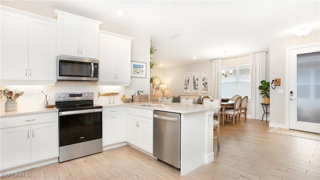 kitchen with sink, white cabinetry, appliances with stainless steel finishes, and kitchen peninsula