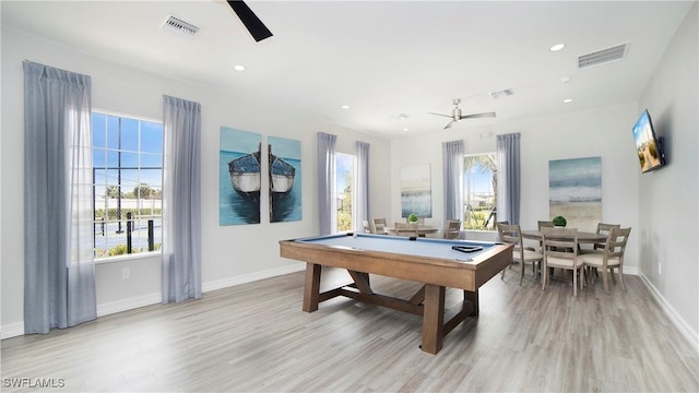 rec room featuring ceiling fan, pool table, and light hardwood / wood-style flooring