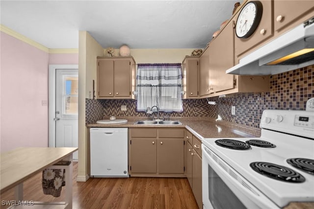 kitchen with white appliances, light hardwood / wood-style floors, decorative backsplash, and sink