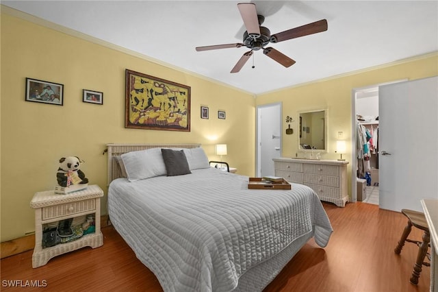 bedroom with hardwood / wood-style flooring, a closet, crown molding, a walk in closet, and ceiling fan