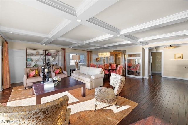 living room with ornamental molding, dark hardwood / wood-style floors, coffered ceiling, and beamed ceiling