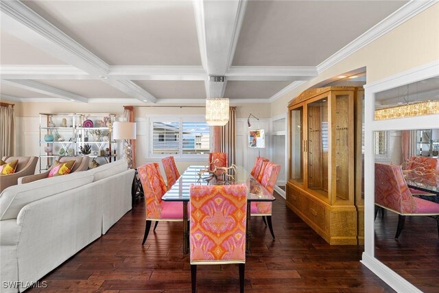 dining area with coffered ceiling, crown molding, beamed ceiling, and dark hardwood / wood-style floors